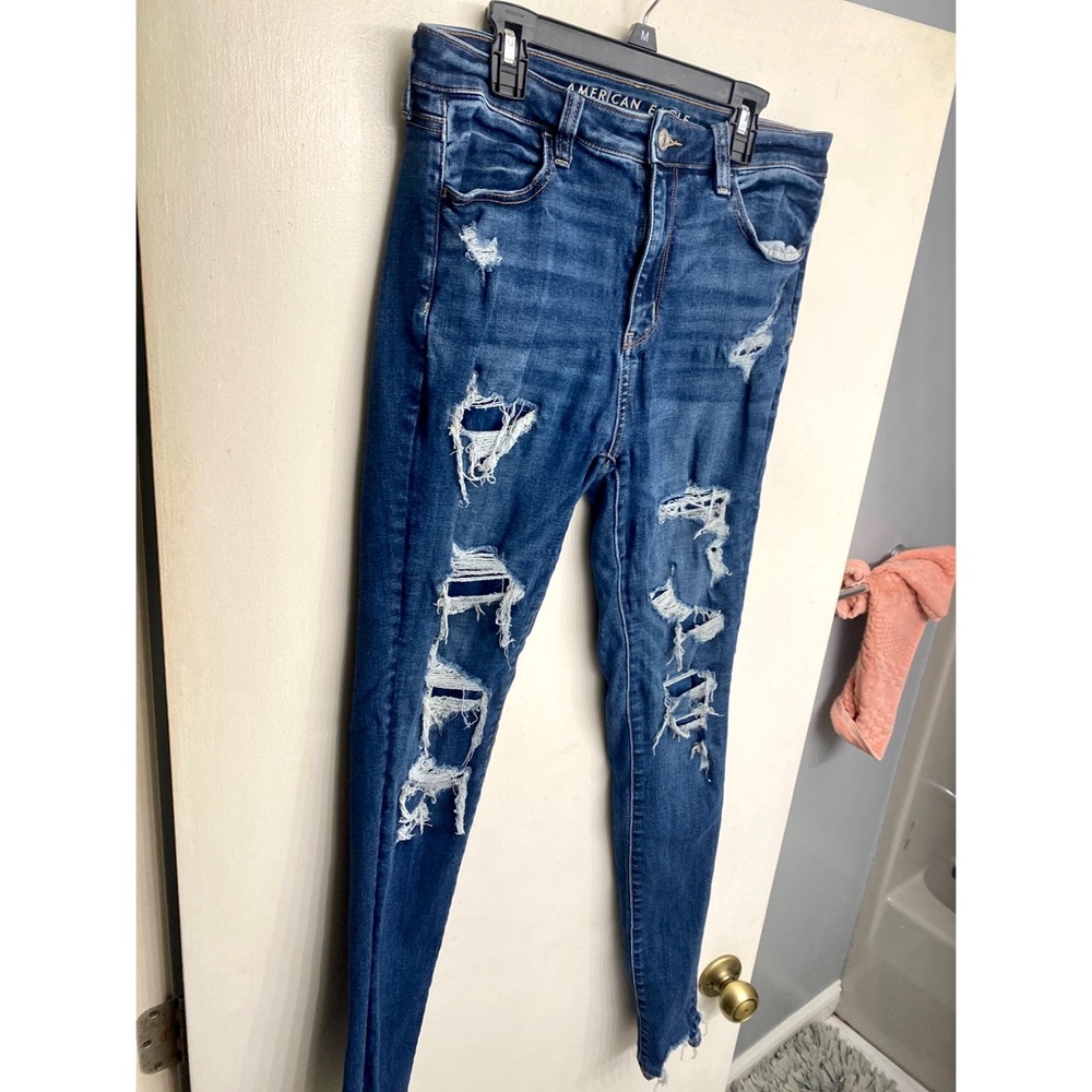 American Eagle Super High Rise Dark wash, Distressed & Patched Jeggings